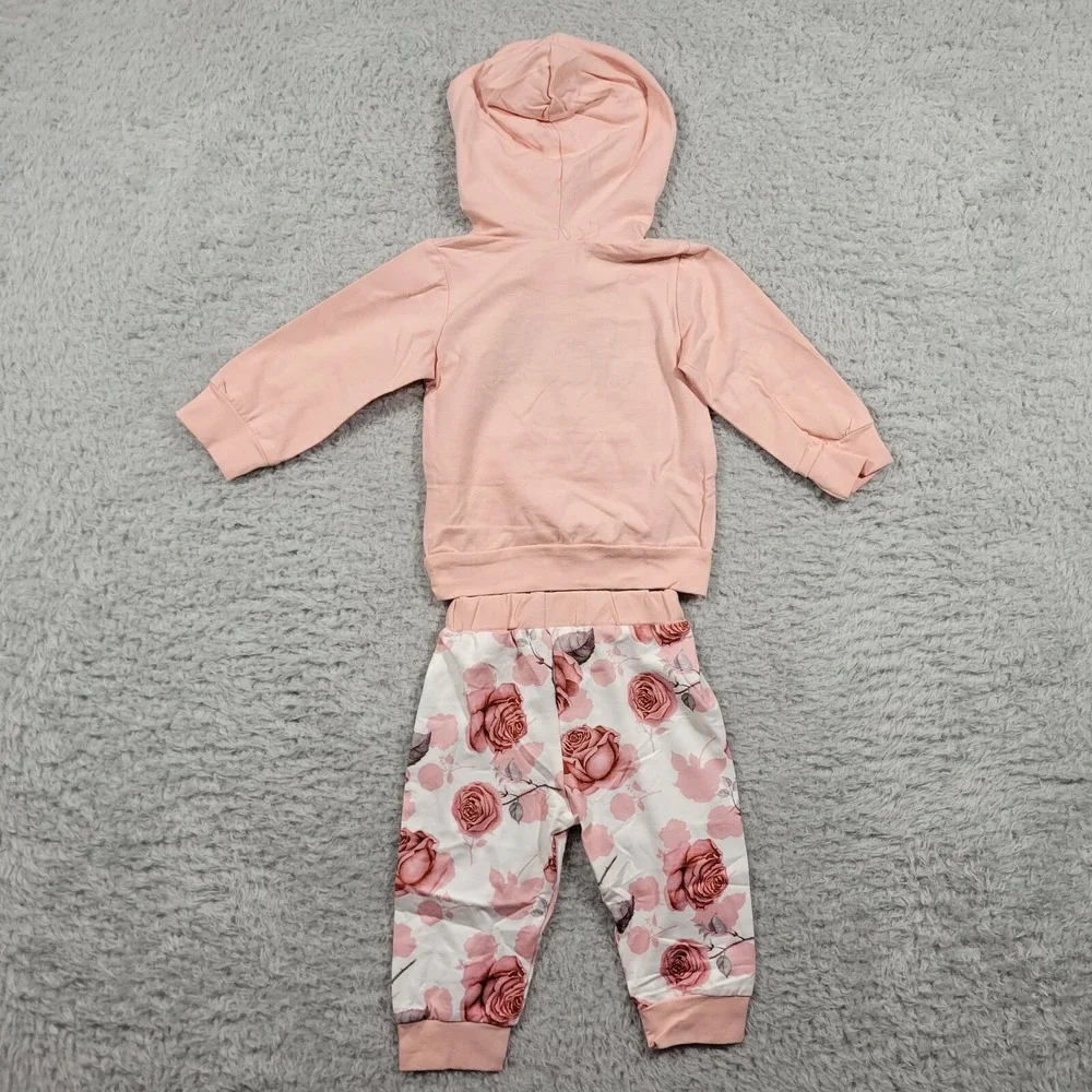 Hello Floral Hoodie and Pants Set Infant 3-6 months Pink Rose Print 2PC